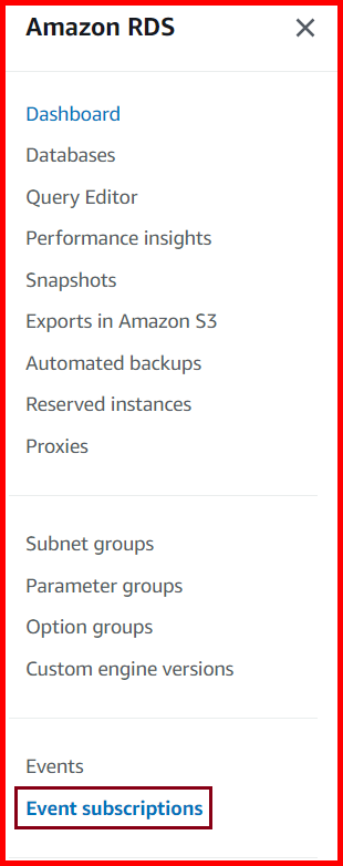 Picture showing the Event Subscriptions link for creating an event subscriptions